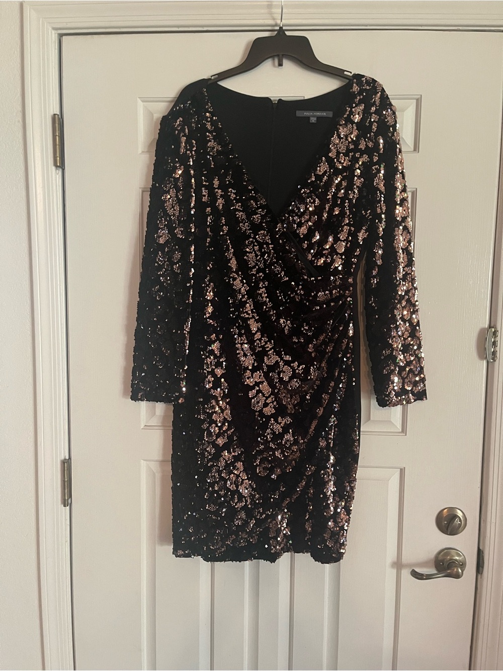 Julia Jordan Black Dress with Rose Gold Sequins, Long Sleeve Wrap